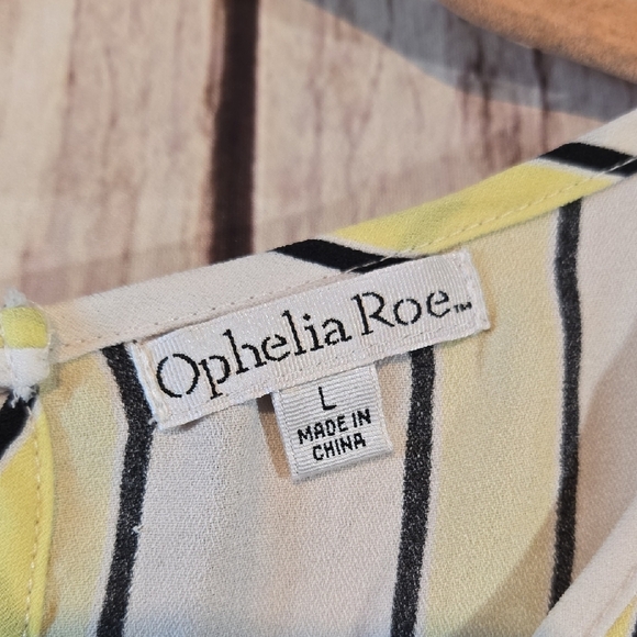 Ophelia Roe Vertical Striped Yellow and Black Asymmetrical Blouse Womens Large - Picture 2 of 7